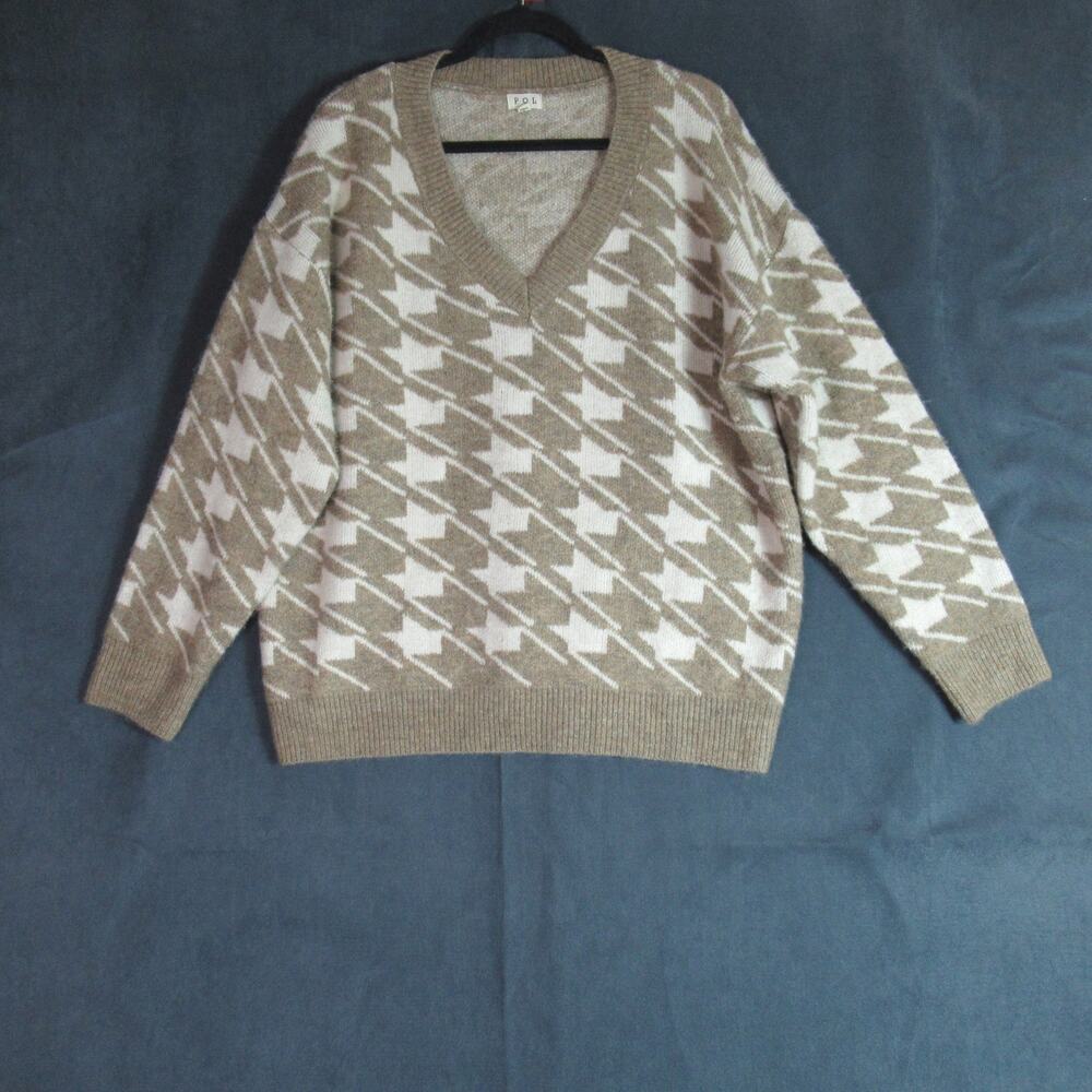 Pol Sweater Womens Medium Tan Geometric V Neck Oversized Boho Soft Momcore